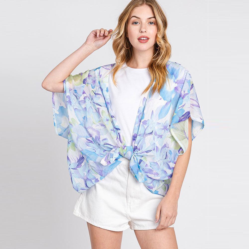 Blue Floral Print Cover Up Kimono Poncho - Jewelry Store by Erik Rayo