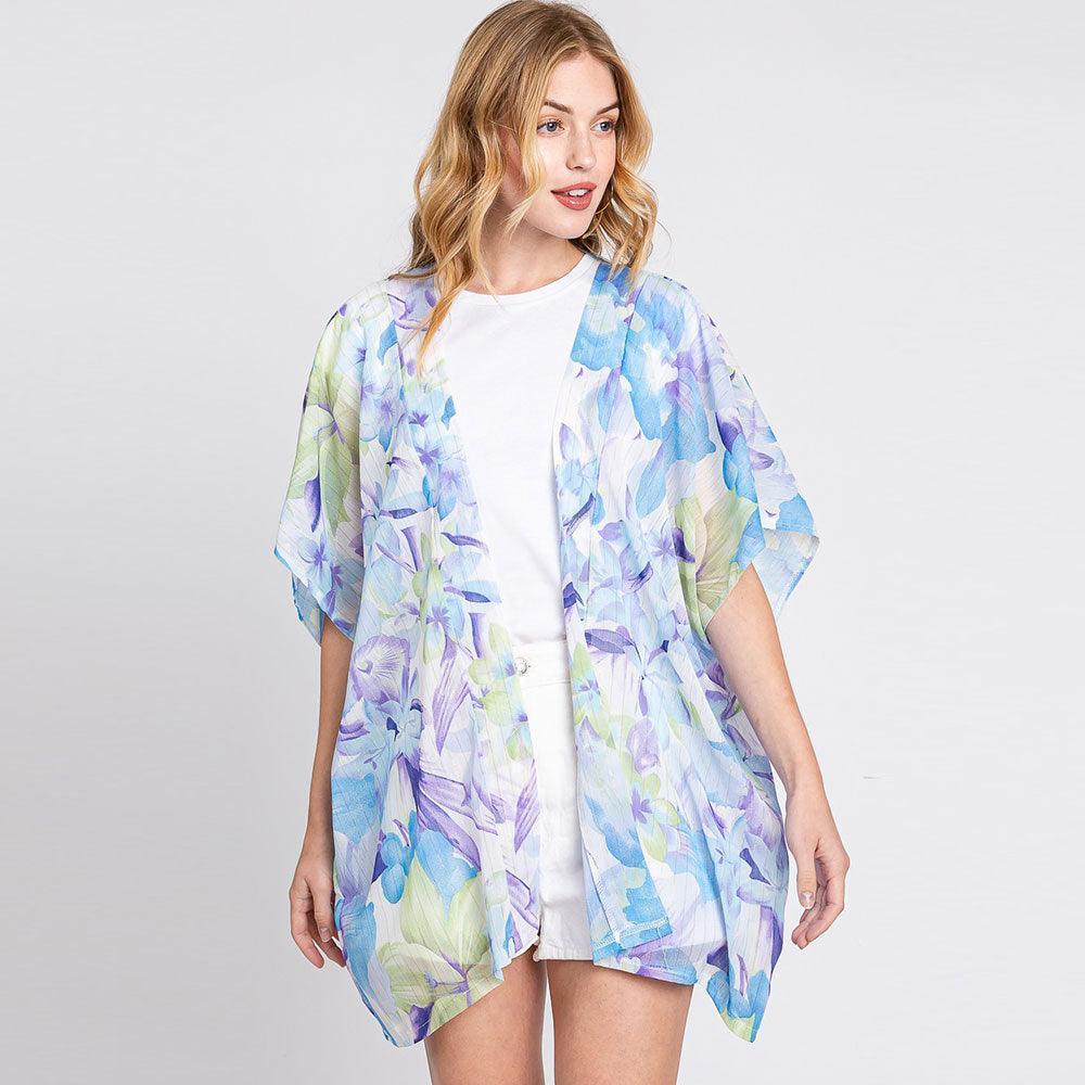 Blue Floral Print Cover Up Kimono Poncho - Jewelry Store by Erik Rayo