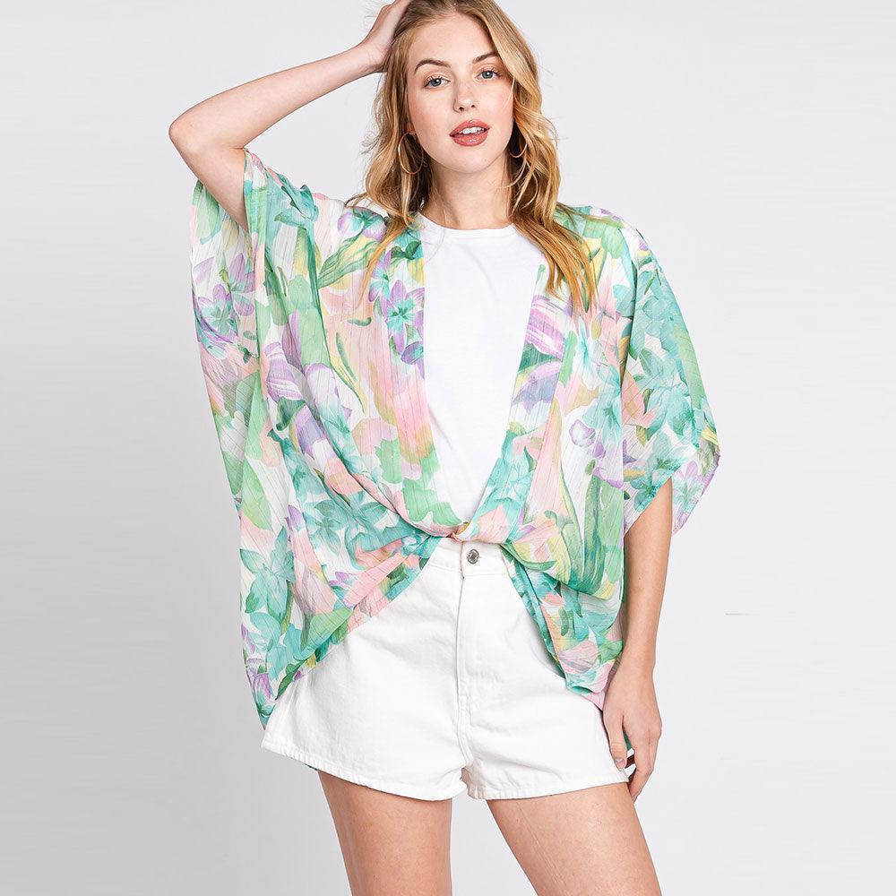 Green Floral Print Cover Up Kimono Poncho - Jewelry Store by Erik Rayo