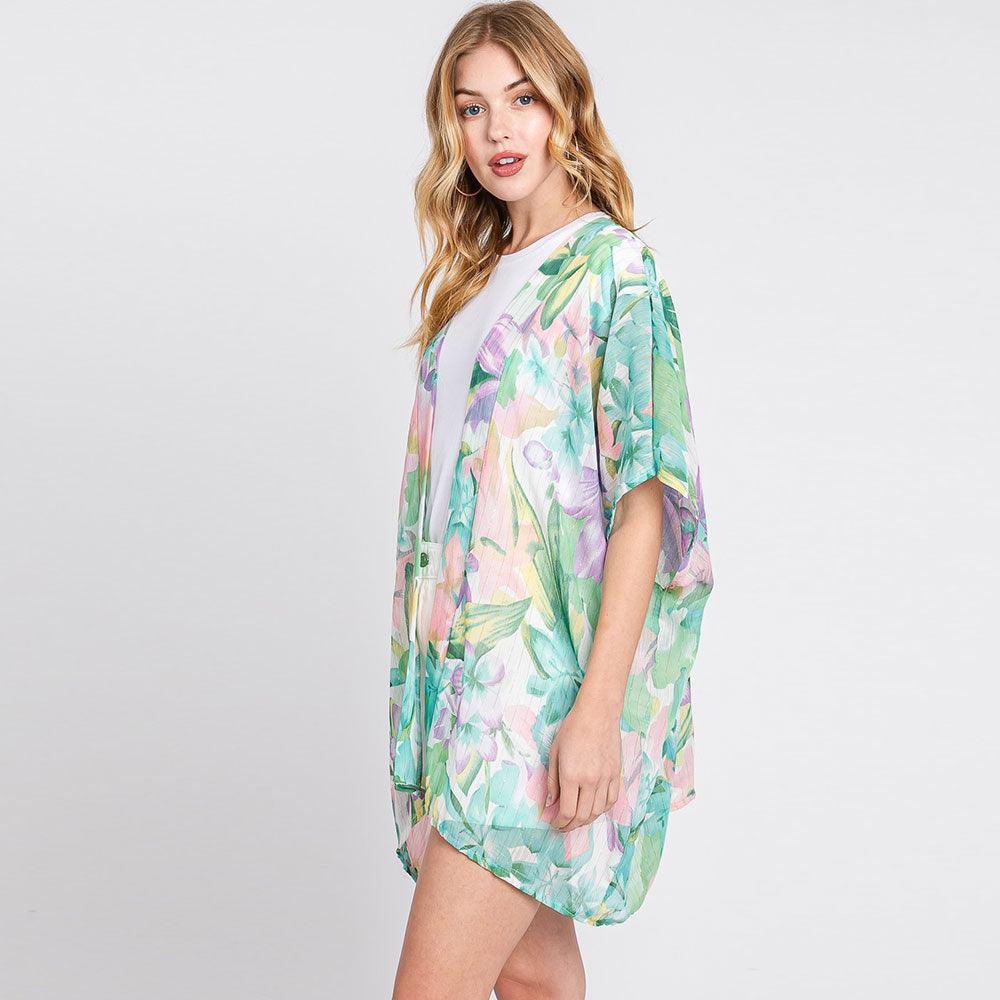 Green Floral Print Cover Up Kimono Poncho - Jewelry Store by Erik Rayo