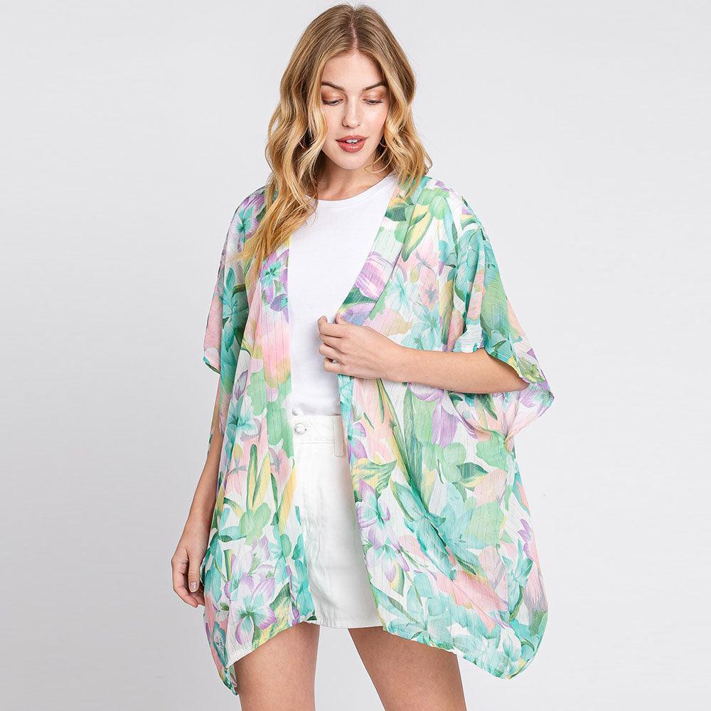Green Floral Print Cover Up Kimono Poncho - Jewelry Store by Erik Rayo