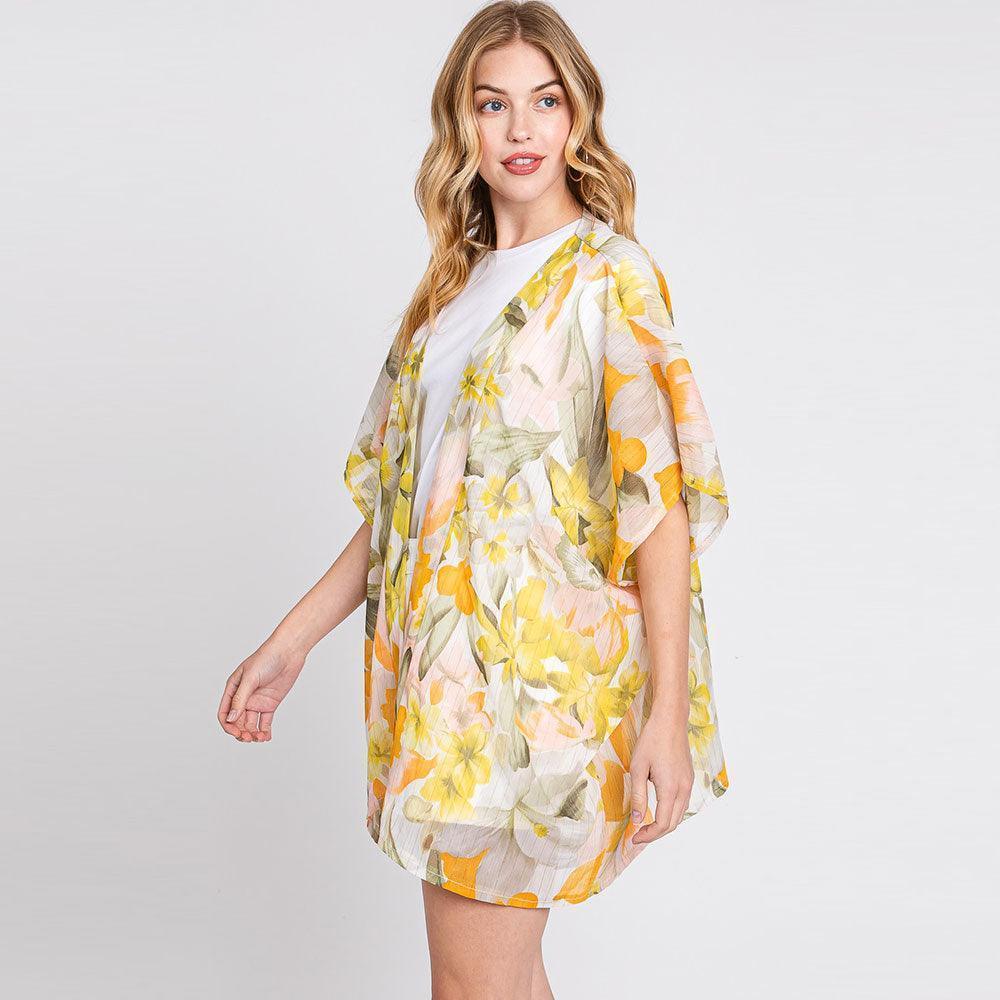 Yellow Floral Print Cover Up Kimono Poncho - Jewelry Store by Erik Rayo