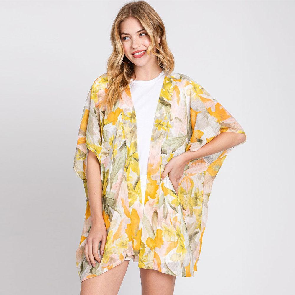Yellow Floral Print Cover Up Kimono Poncho - Jewelry Store by Erik Rayo