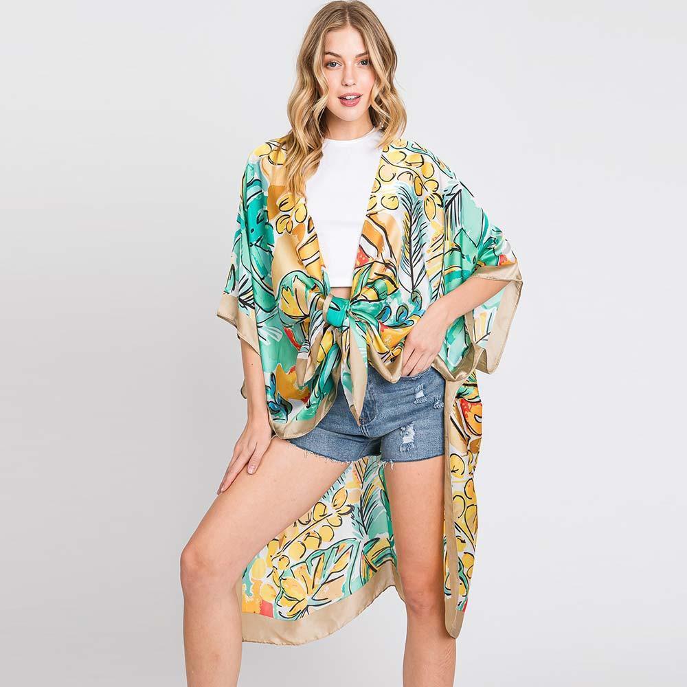 Beige Hand Drawn Watercolor Tropical Leaves Kimono Poncho - Jewelry Store by Erik Rayo