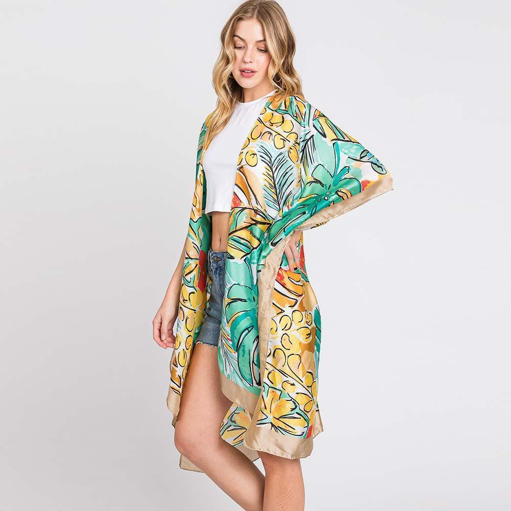 Beige Hand Drawn Watercolor Tropical Leaves Kimono Poncho - Jewelry Store by Erik Rayo