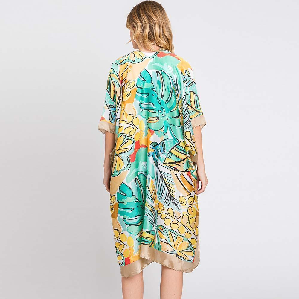 Beige Hand Drawn Watercolor Tropical Leaves Kimono Poncho - Jewelry Store by Erik Rayo