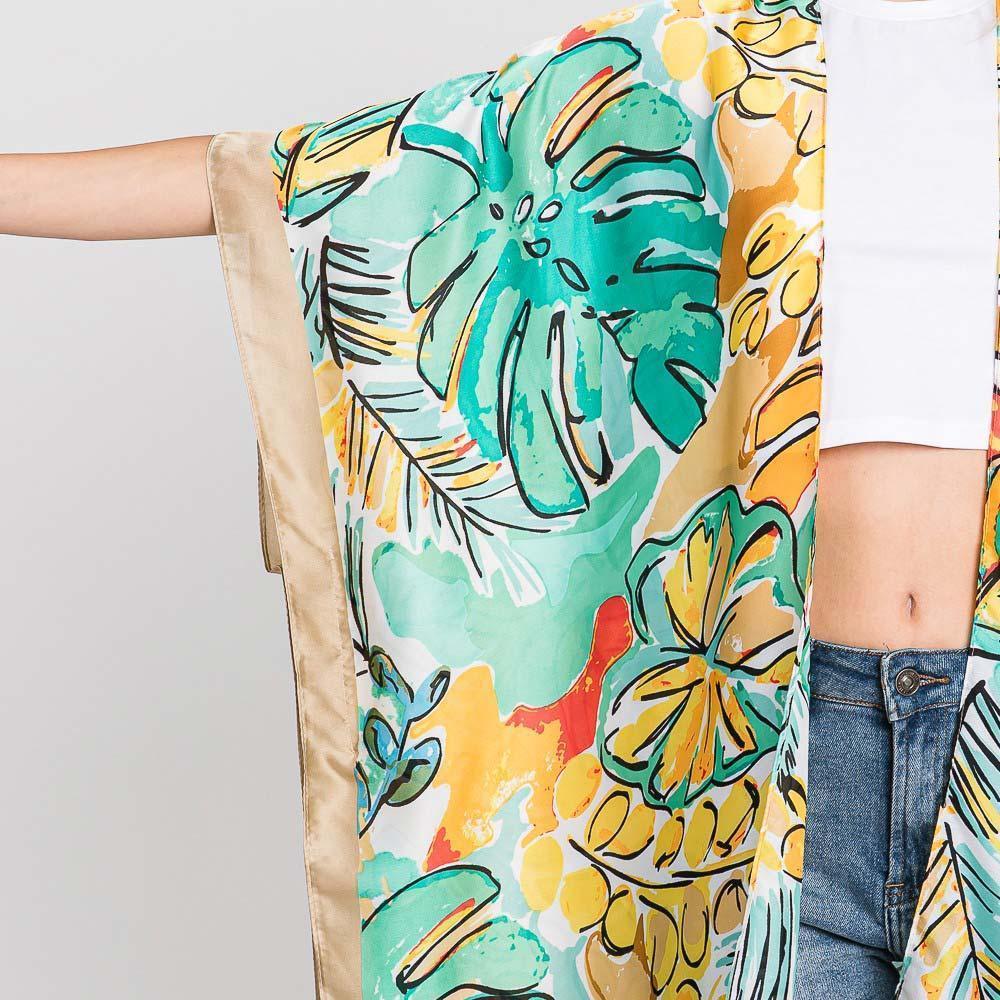 Beige Hand Drawn Watercolor Tropical Leaves Kimono Poncho - Jewelry Store by Erik Rayo