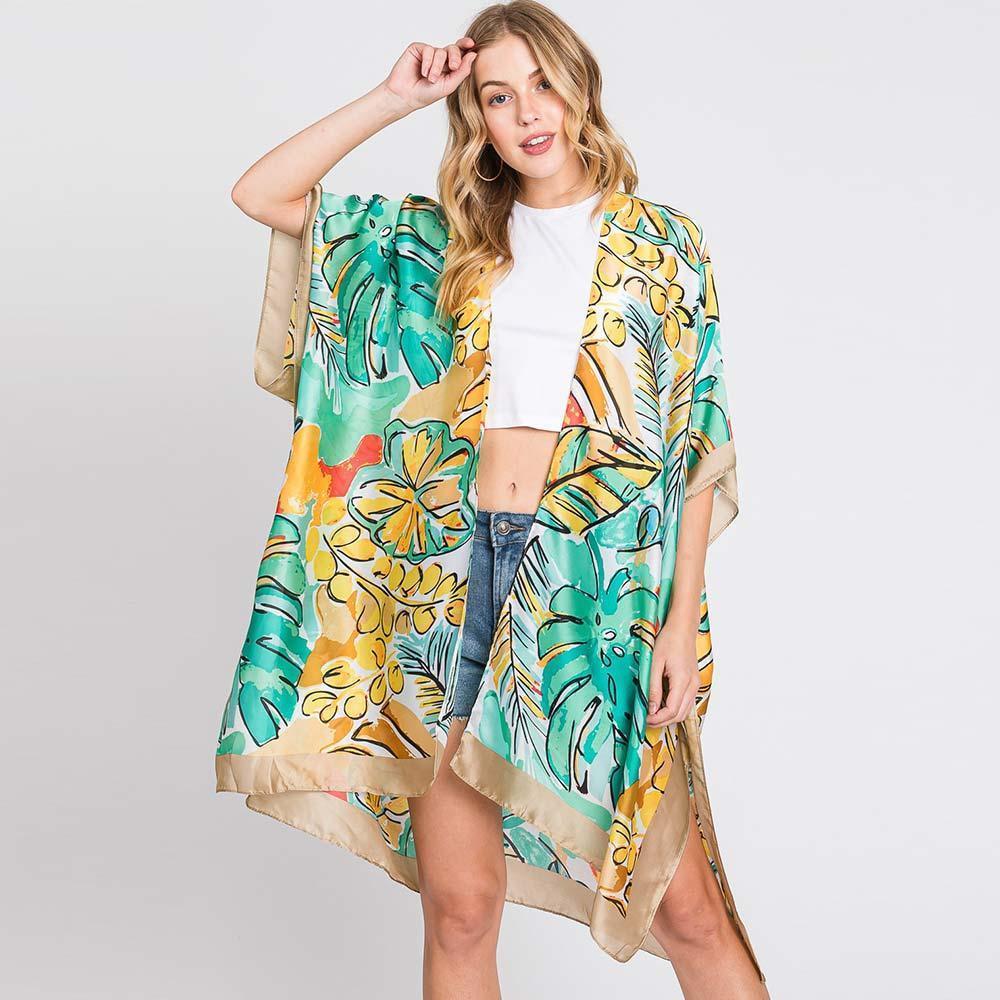 Beige Hand Drawn Watercolor Tropical Leaves Kimono Poncho - Jewelry Store by Erik Rayo