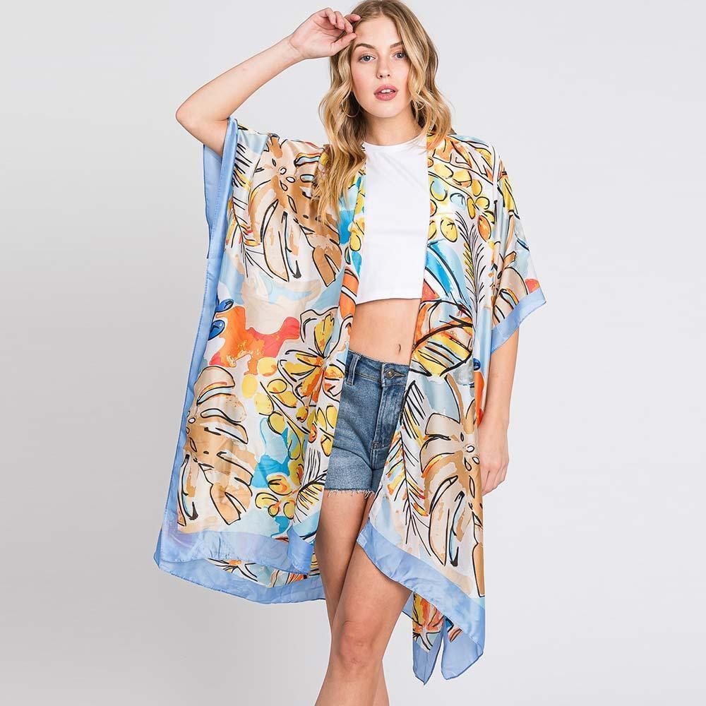 Blue Hand Drawn Watercolor Tropical Leaves Kimono Poncho - Jewelry Store by Erik Rayo
