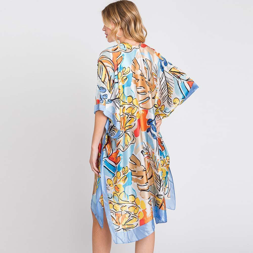 Blue Hand Drawn Watercolor Tropical Leaves Kimono Poncho - Jewelry Store by Erik Rayo