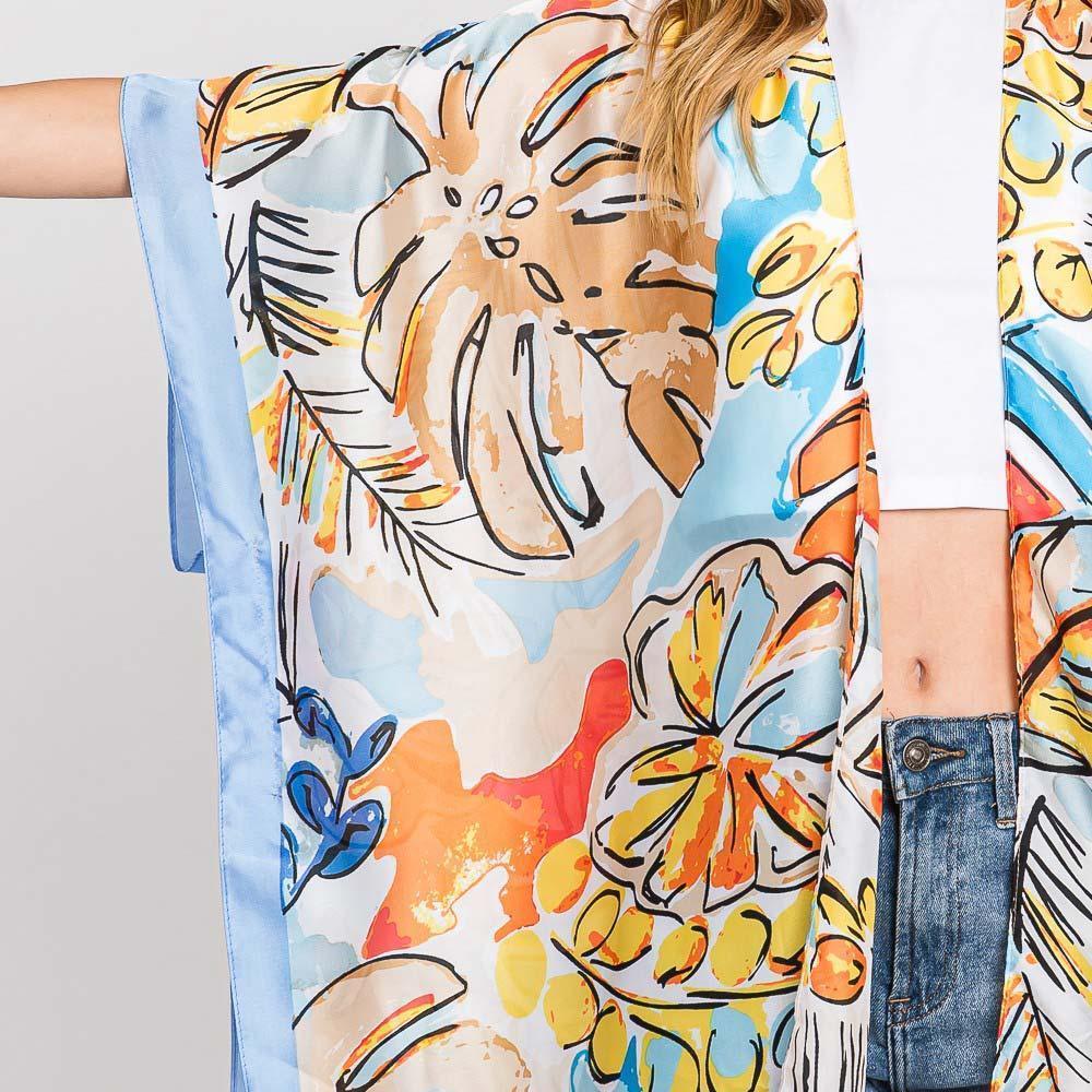 Blue Hand Drawn Watercolor Tropical Leaves Kimono Poncho - Jewelry Store by Erik Rayo