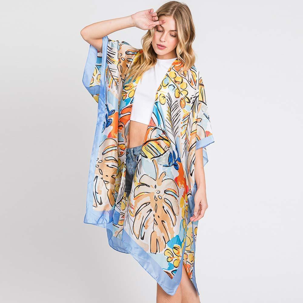 Blue Hand Drawn Watercolor Tropical Leaves Kimono Poncho - Jewelry Store by Erik Rayo