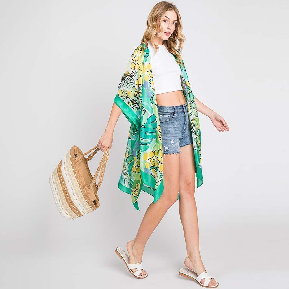 Green Hand Drawn Watercolor Tropical Leaves Kimono Poncho - Jewelry Store by Erik Rayo