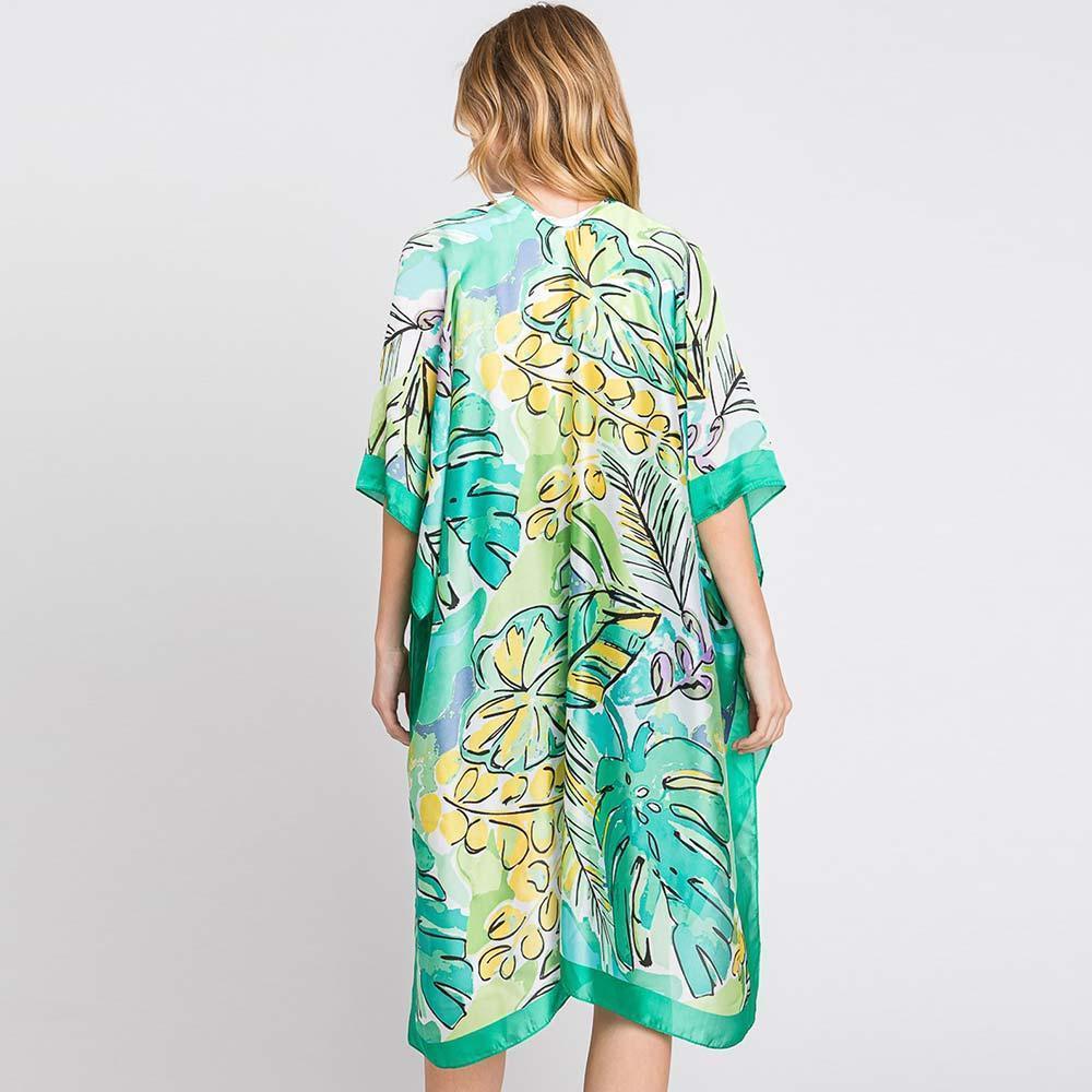 Green Hand Drawn Watercolor Tropical Leaves Kimono Poncho - Jewelry Store by Erik Rayo