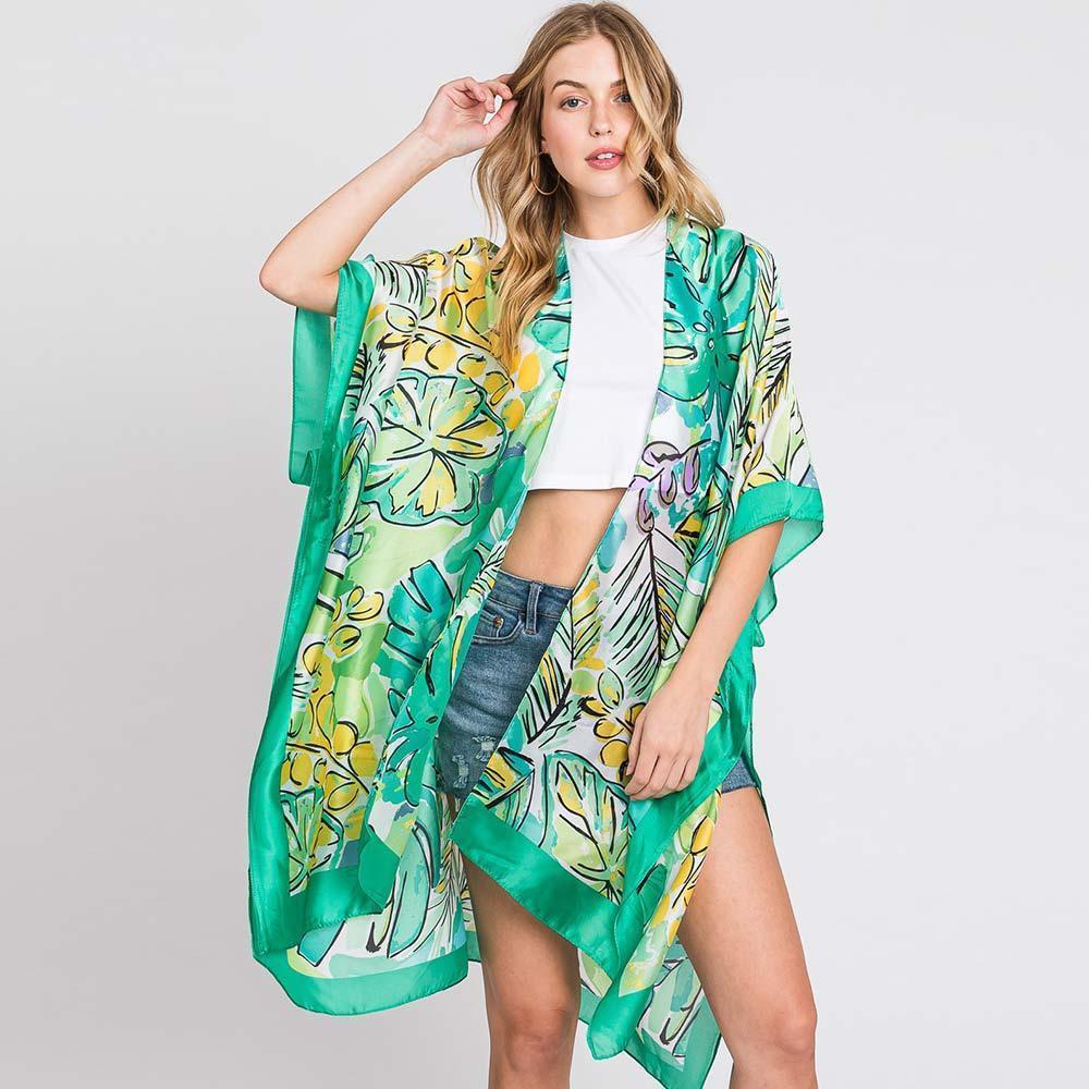Green Hand Drawn Watercolor Tropical Leaves Kimono Poncho - Jewelry Store by Erik Rayo