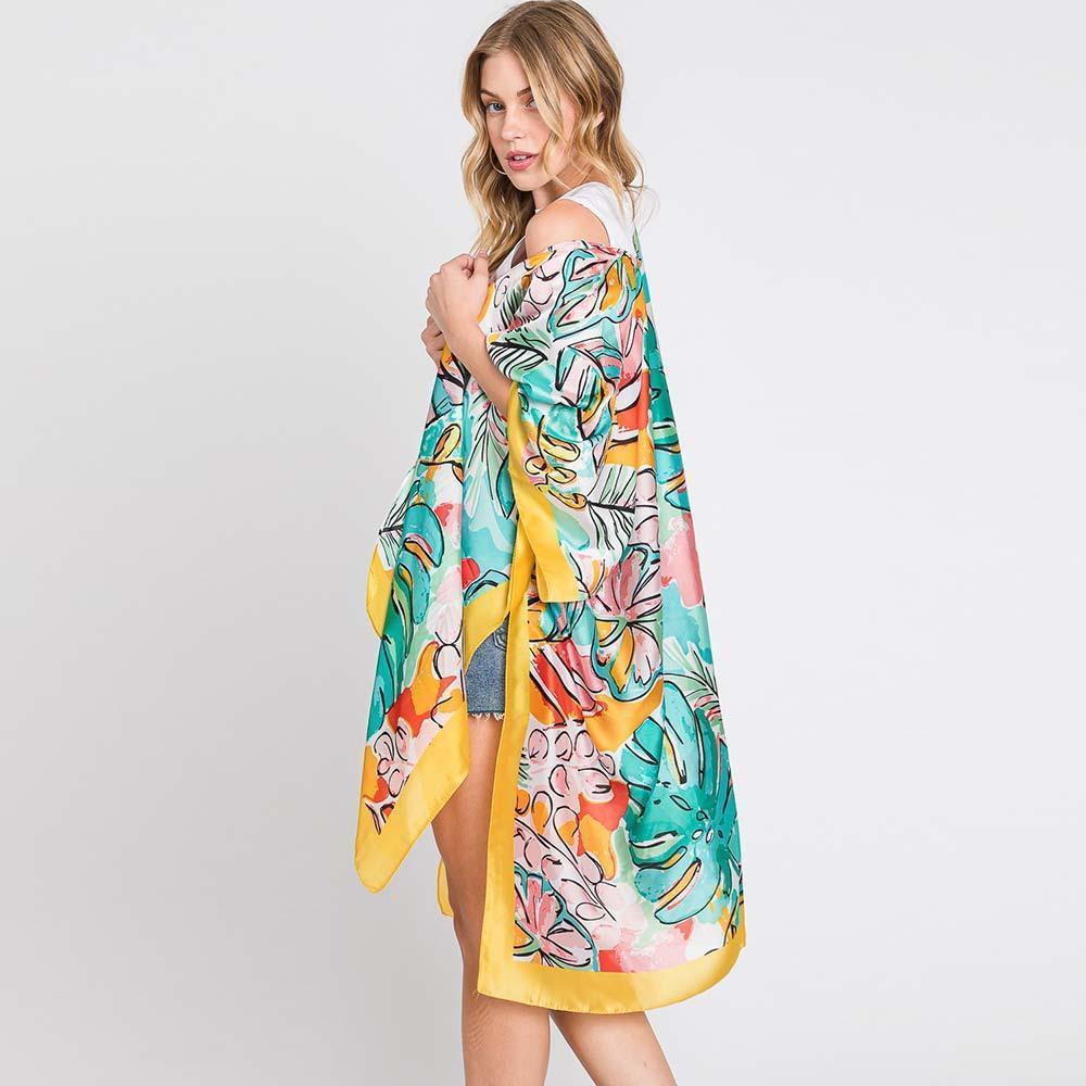 Yellow Hand Drawn Watercolor Tropical Leaves Kimono Poncho - Jewelry Store by Erik Rayo