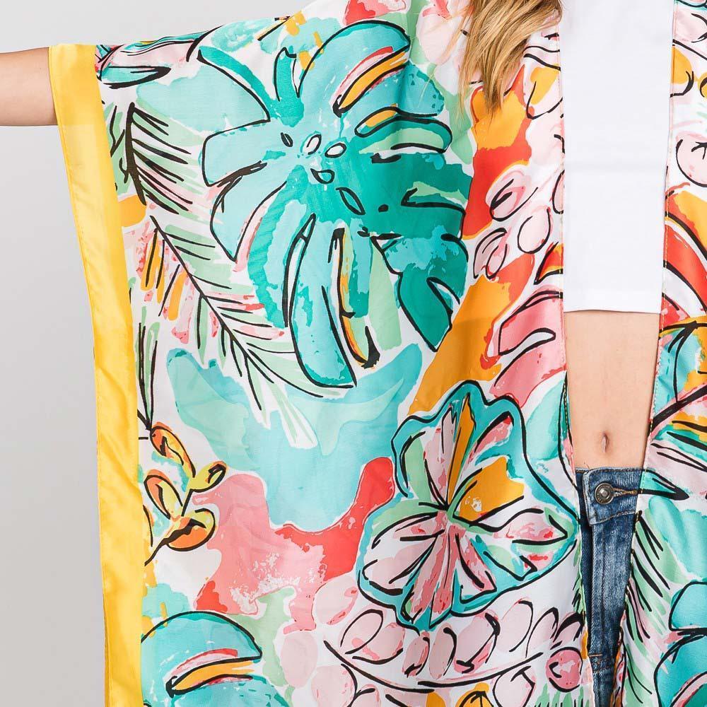 Yellow Hand Drawn Watercolor Tropical Leaves Kimono Poncho - Jewelry Store by Erik Rayo