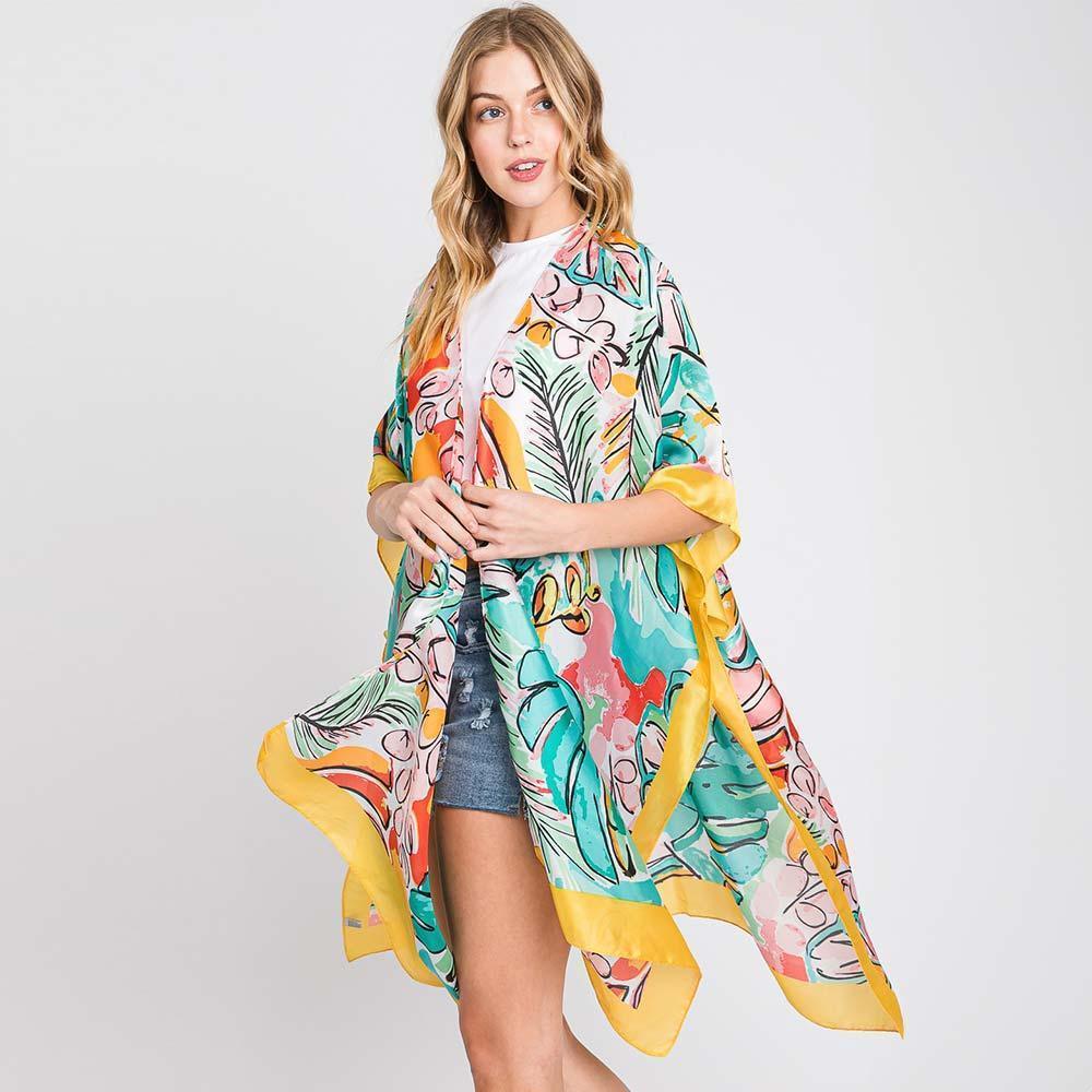 Yellow Hand Drawn Watercolor Tropical Leaves Kimono Poncho - Jewelry Store by Erik Rayo