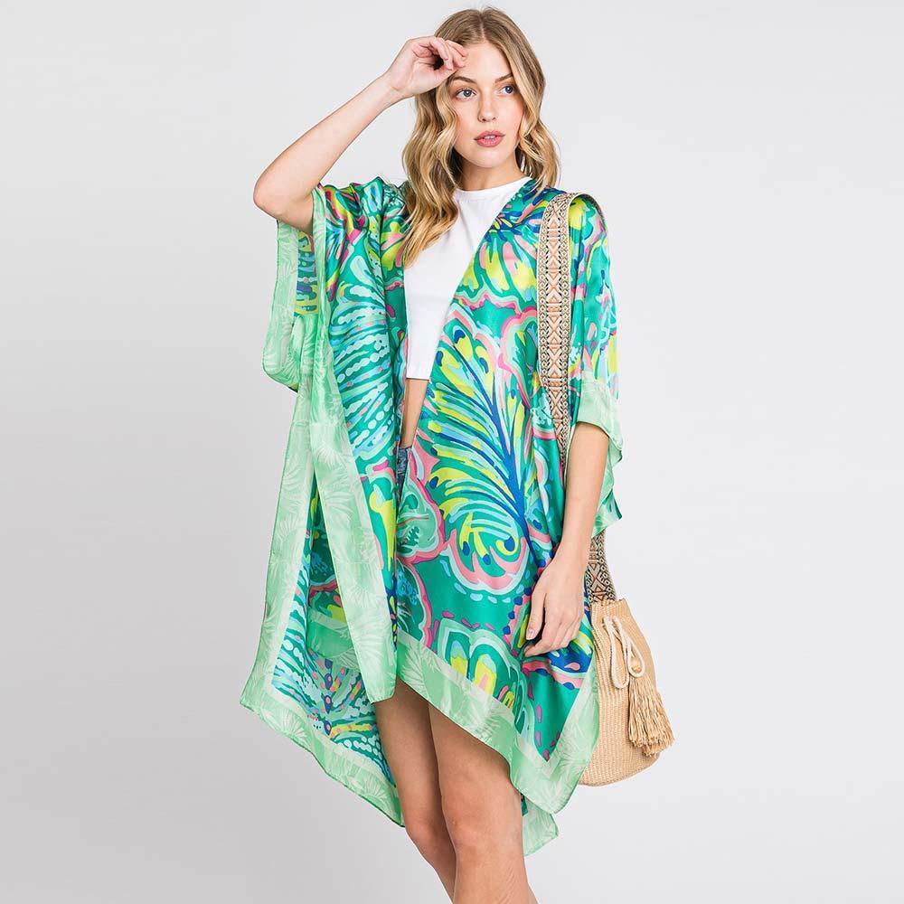 Green Hand Drawn Watercolor Flower Kimono Poncho - Jewelry Store by Erik Rayo