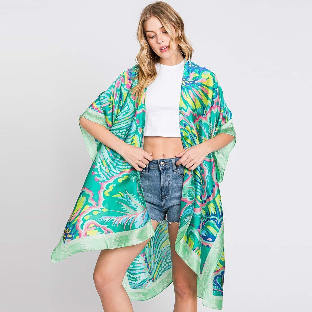 Green Hand Drawn Watercolor Flower Kimono Poncho - Jewelry Store by Erik Rayo