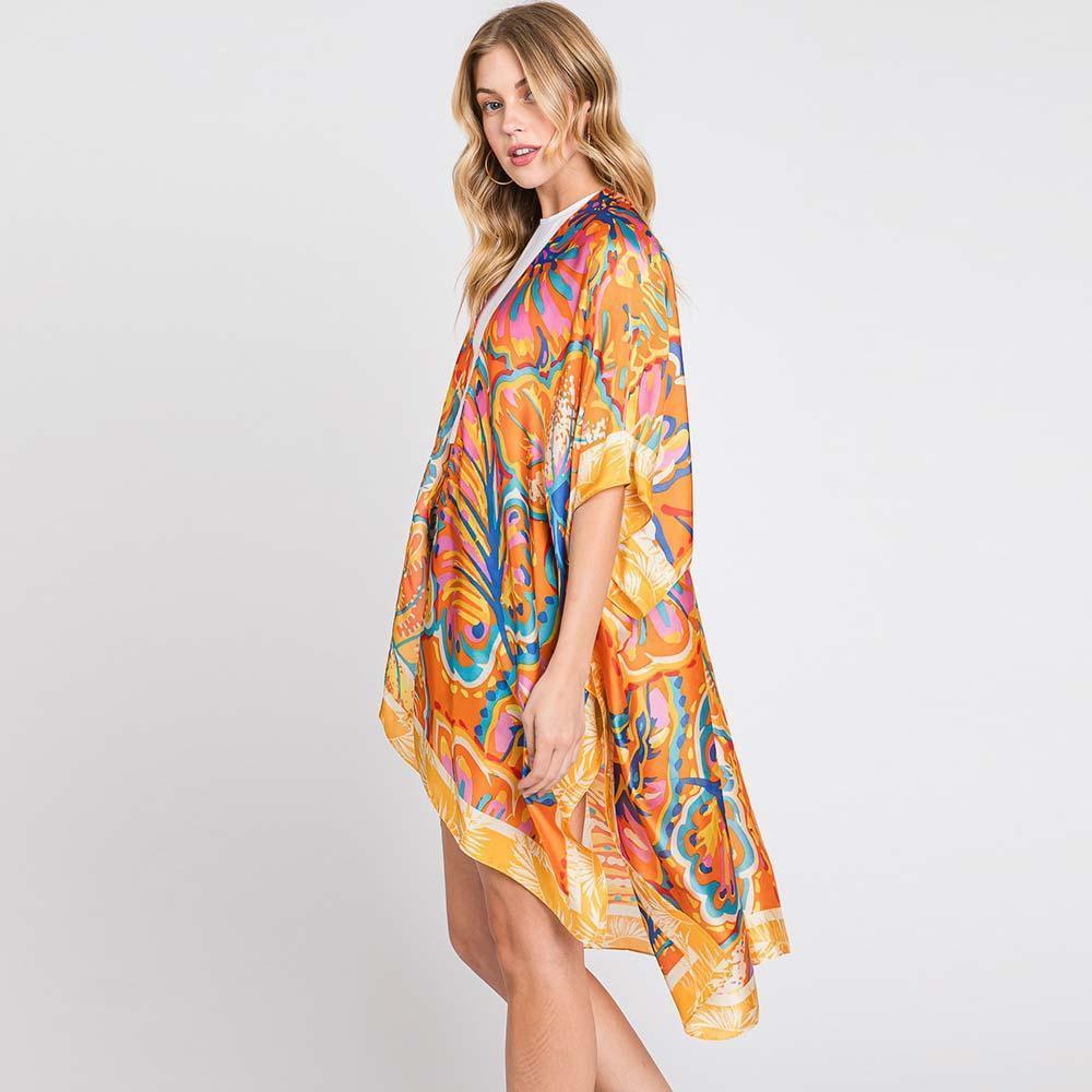 Orange Hand Drawn Watercolor Flower Kimono Poncho - Jewelry Store by Erik Rayo