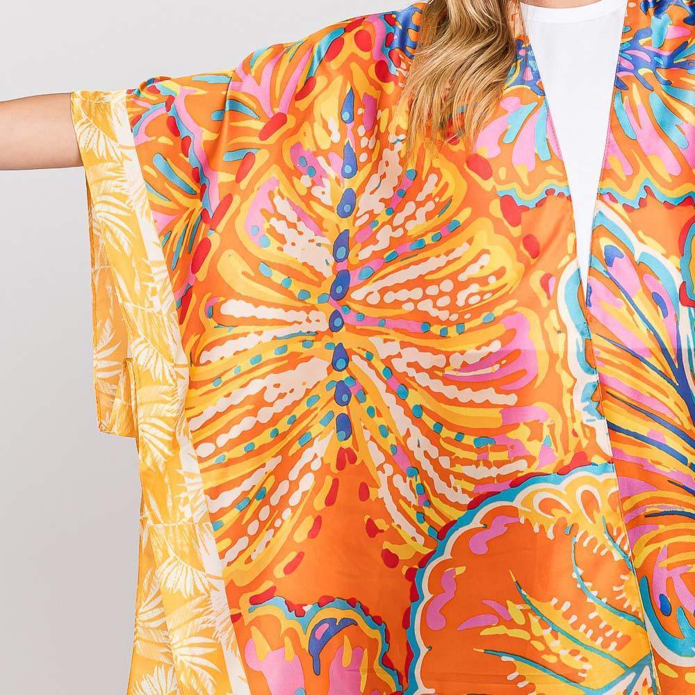 Orange Hand Drawn Watercolor Flower Kimono Poncho - Jewelry Store by Erik Rayo