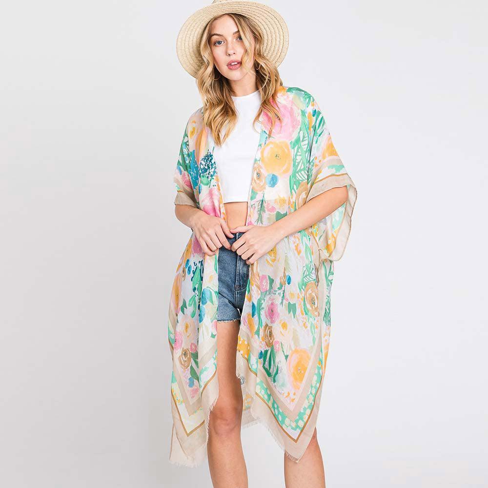 Beige Hand Drawn Watercolor Flower Garden Kimono Poncho - Jewelry Store by Erik Rayo