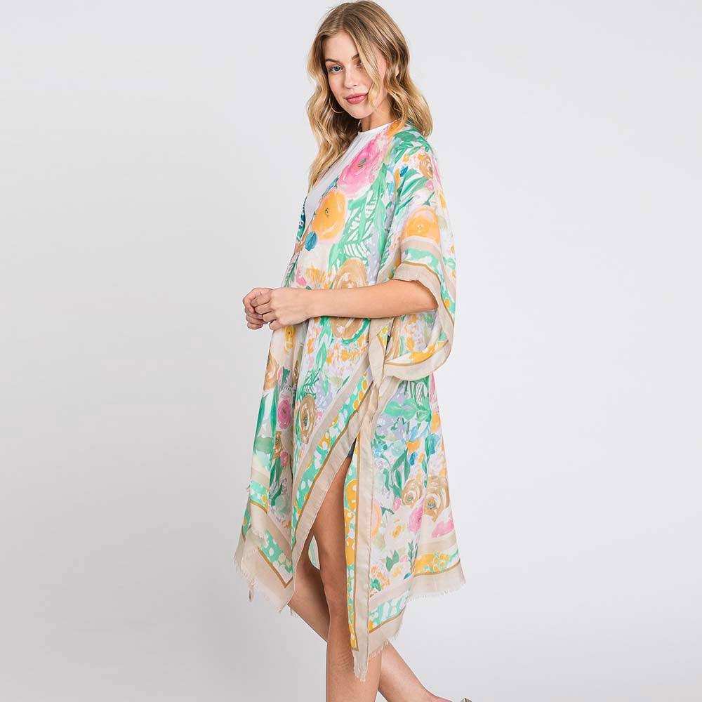 Beige Hand Drawn Watercolor Flower Garden Kimono Poncho - Jewelry Store by Erik Rayo