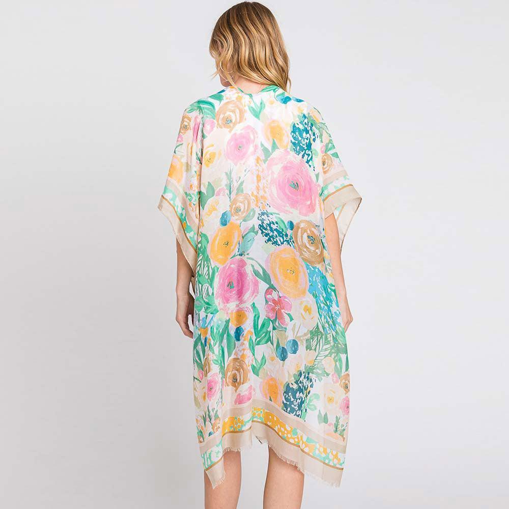 Beige Hand Drawn Watercolor Flower Garden Kimono Poncho - Jewelry Store by Erik Rayo