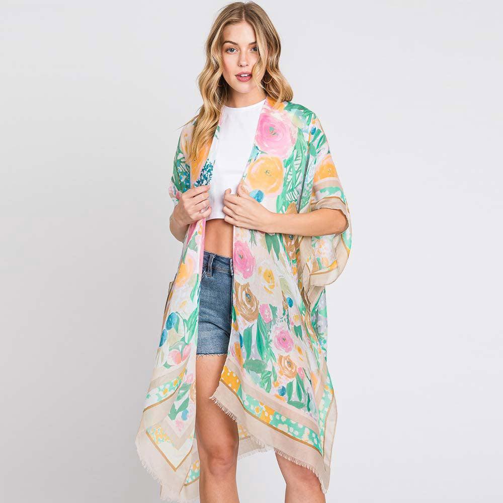 Beige Hand Drawn Watercolor Flower Garden Kimono Poncho - Jewelry Store by Erik Rayo