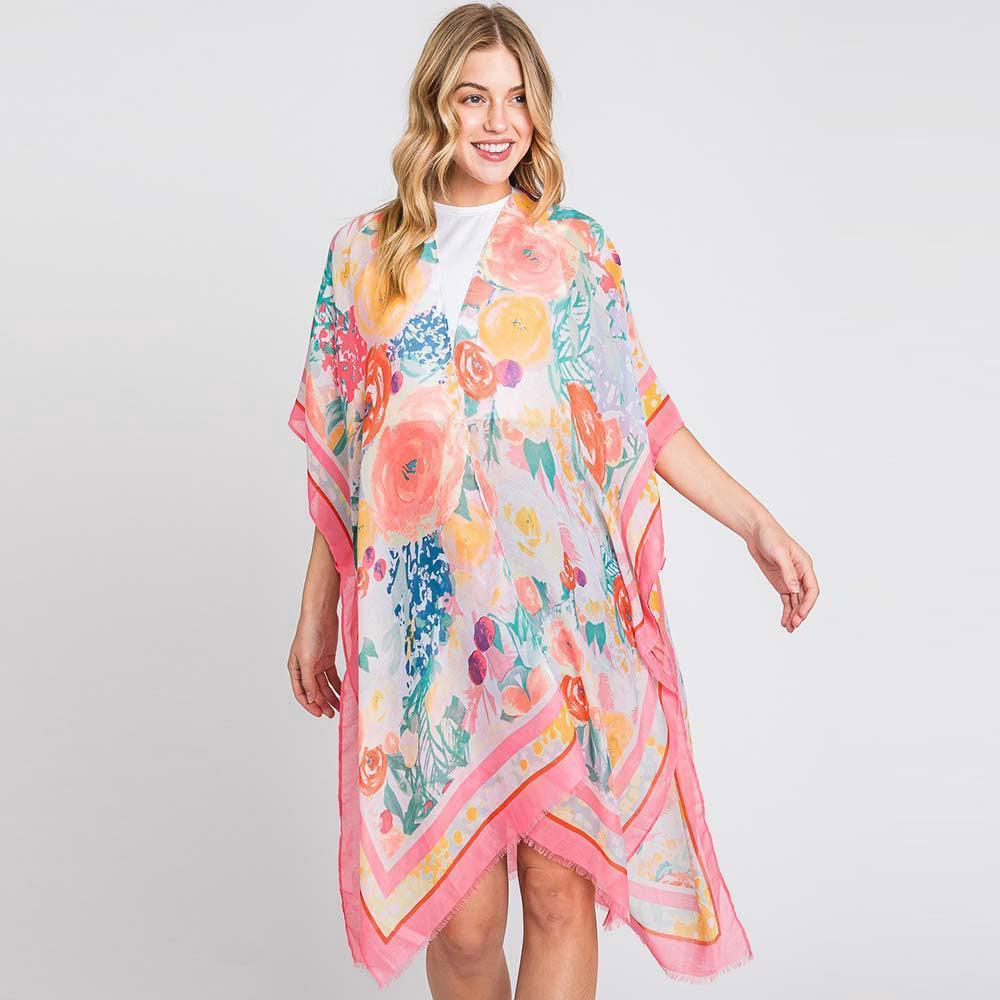 Pink Hand Drawn Watercolor Flower Garden Kimono Poncho - Jewelry Store by Erik Rayo