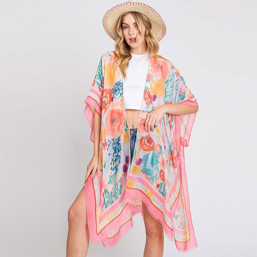 Pink Hand Drawn Watercolor Flower Garden Kimono Poncho - Jewelry Store by Erik Rayo