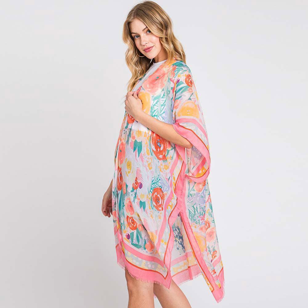 Pink Hand Drawn Watercolor Flower Garden Kimono Poncho - Jewelry Store by Erik Rayo