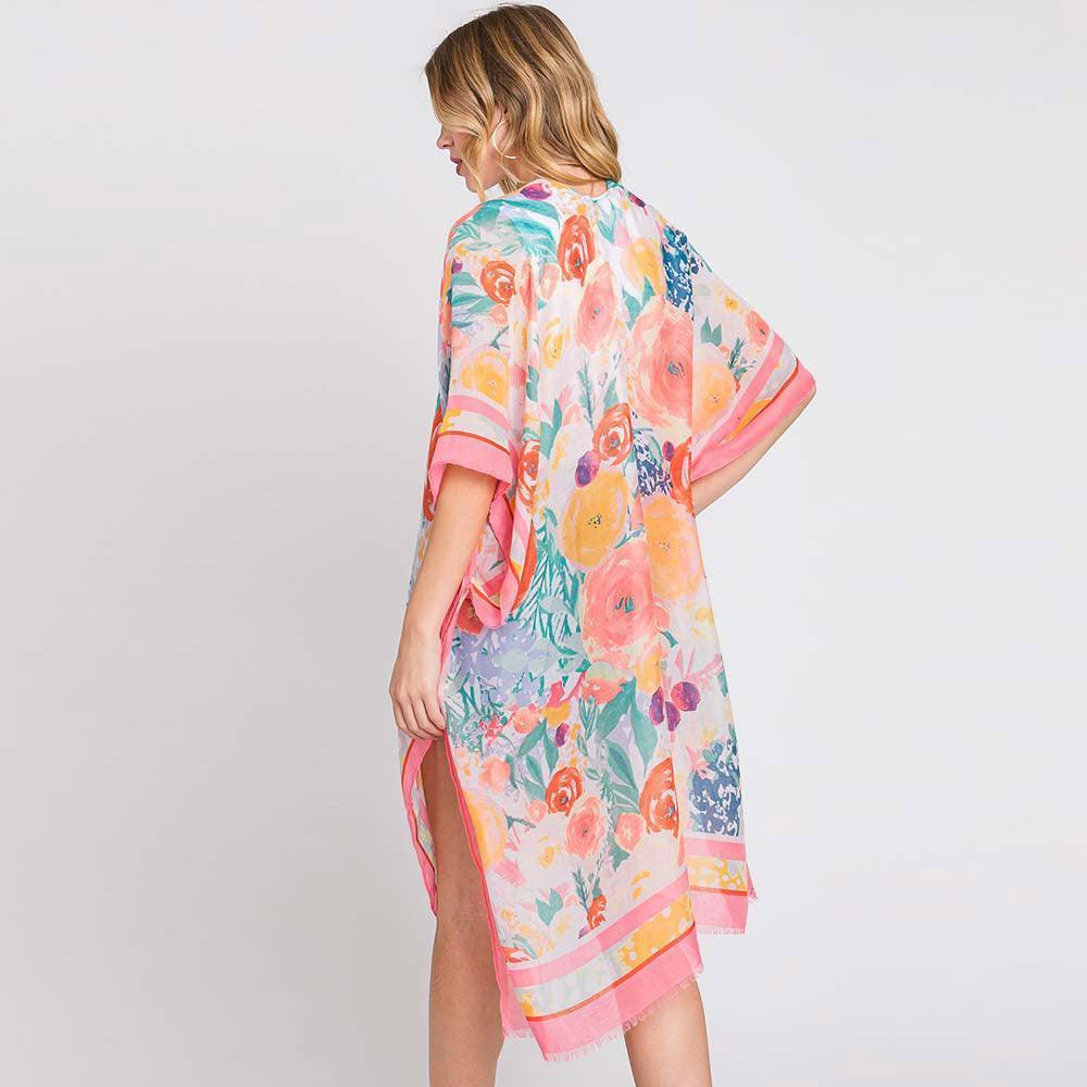 Pink Hand Drawn Watercolor Flower Garden Kimono Poncho - Jewelry Store by Erik Rayo