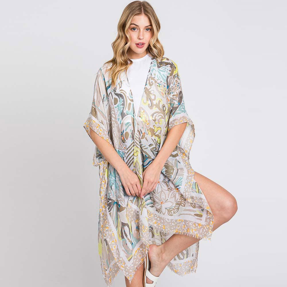 Beige Watercolor Geometric Print Kimono Poncho - Jewelry Store by Erik Rayo