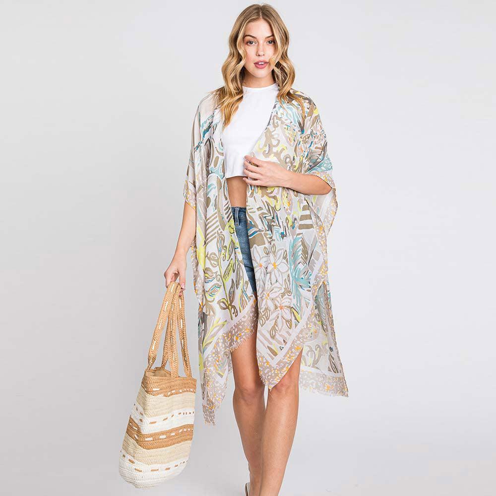 Beige Watercolor Geometric Print Kimono Poncho - Jewelry Store by Erik Rayo