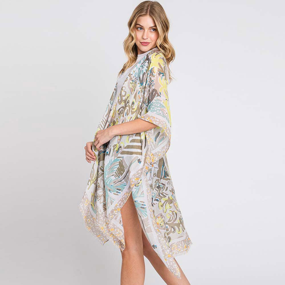 Beige Watercolor Geometric Print Kimono Poncho - Jewelry Store by Erik Rayo