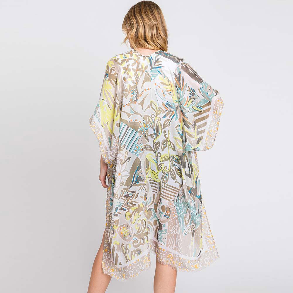 Beige Watercolor Geometric Print Kimono Poncho - Jewelry Store by Erik Rayo