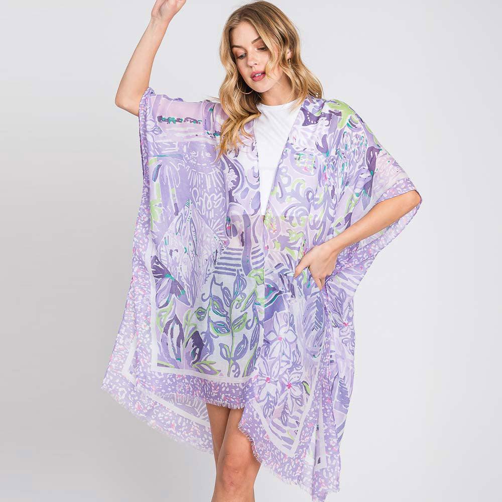 Purple Watercolor Geometric Print Kimono Poncho - Jewelry Store by Erik Rayo