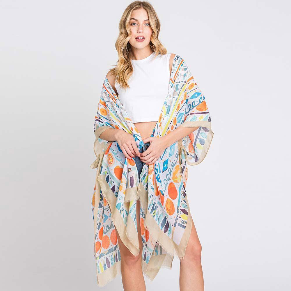 Beige Watercolor Boho Geometric Print Kimono Poncho - Jewelry Store by Erik Rayo