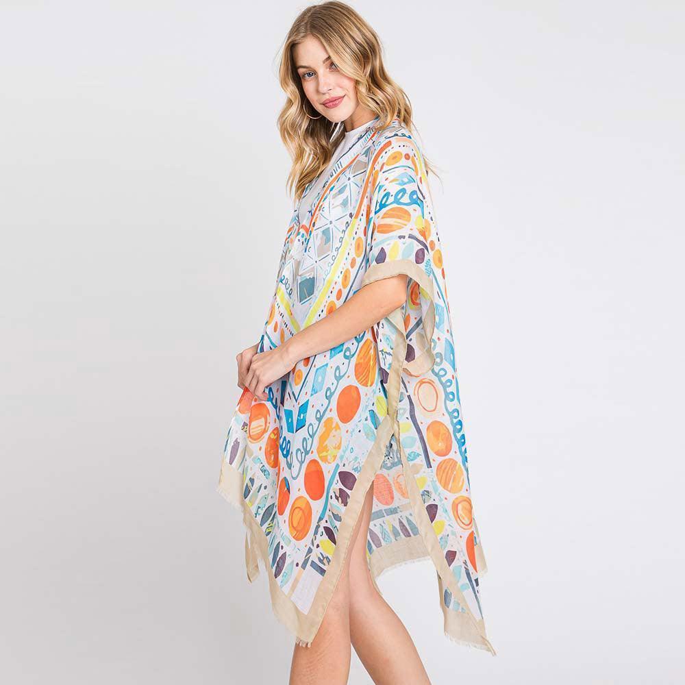 Beige Watercolor Boho Geometric Print Kimono Poncho - Jewelry Store by Erik Rayo