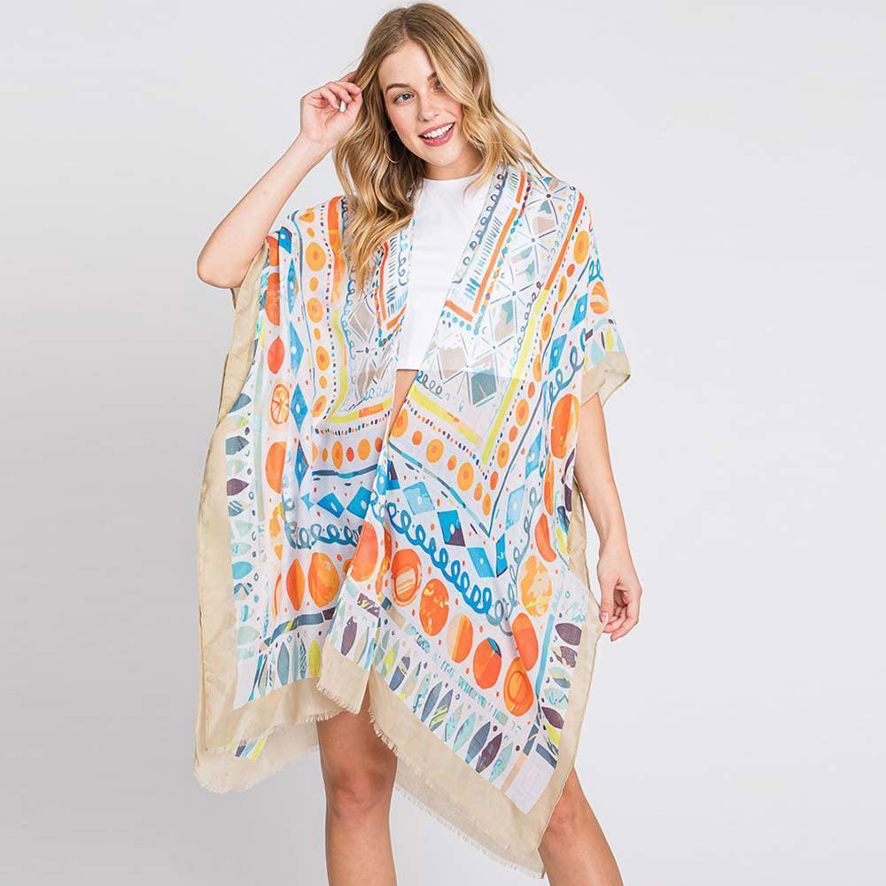 Beige Watercolor Boho Geometric Print Kimono Poncho - Jewelry Store by Erik Rayo