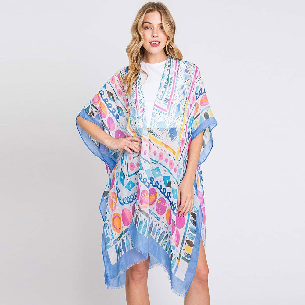 Blue Watercolor Boho Geometric Print Kimono Poncho - Jewelry Store by Erik Rayo