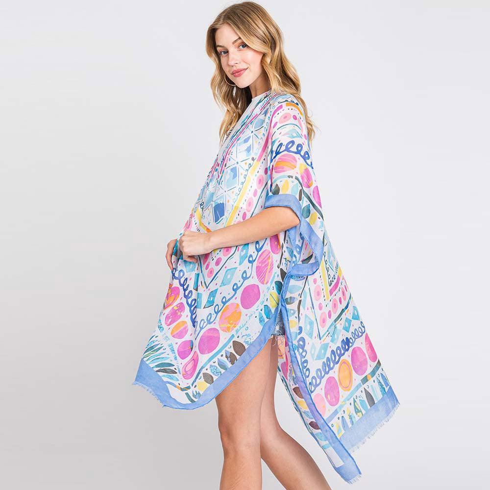 Blue Watercolor Boho Geometric Print Kimono Poncho - Jewelry Store by Erik Rayo