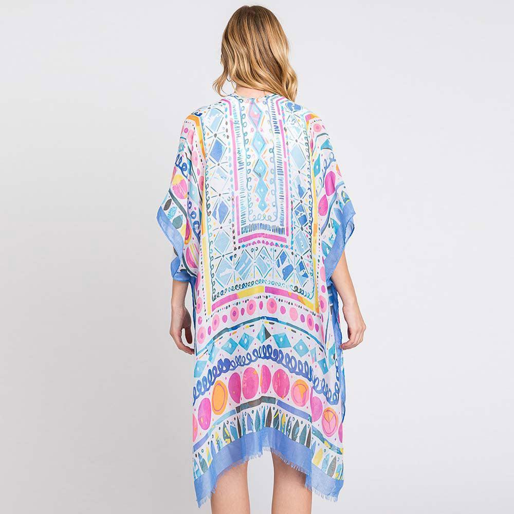 Blue Watercolor Boho Geometric Print Kimono Poncho - Jewelry Store by Erik Rayo
