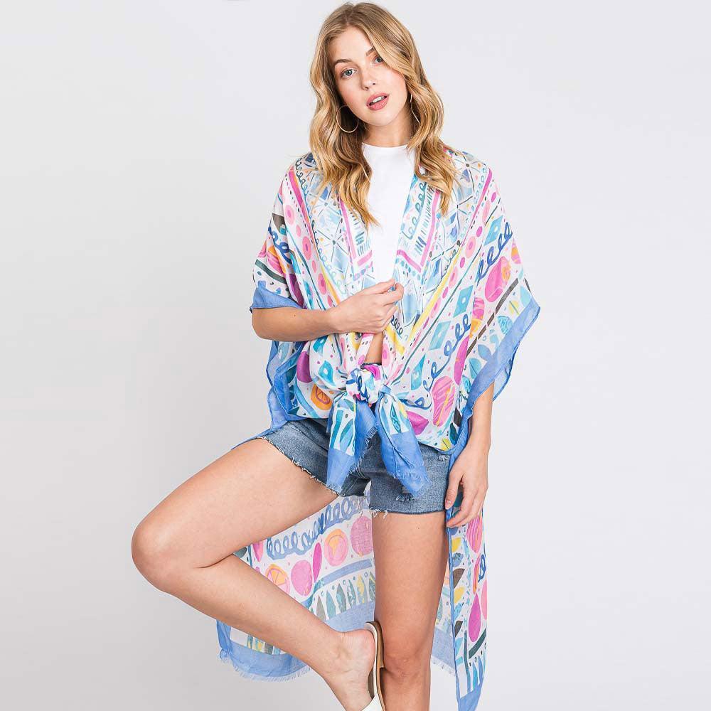Blue Watercolor Boho Geometric Print Kimono Poncho - Jewelry Store by Erik Rayo
