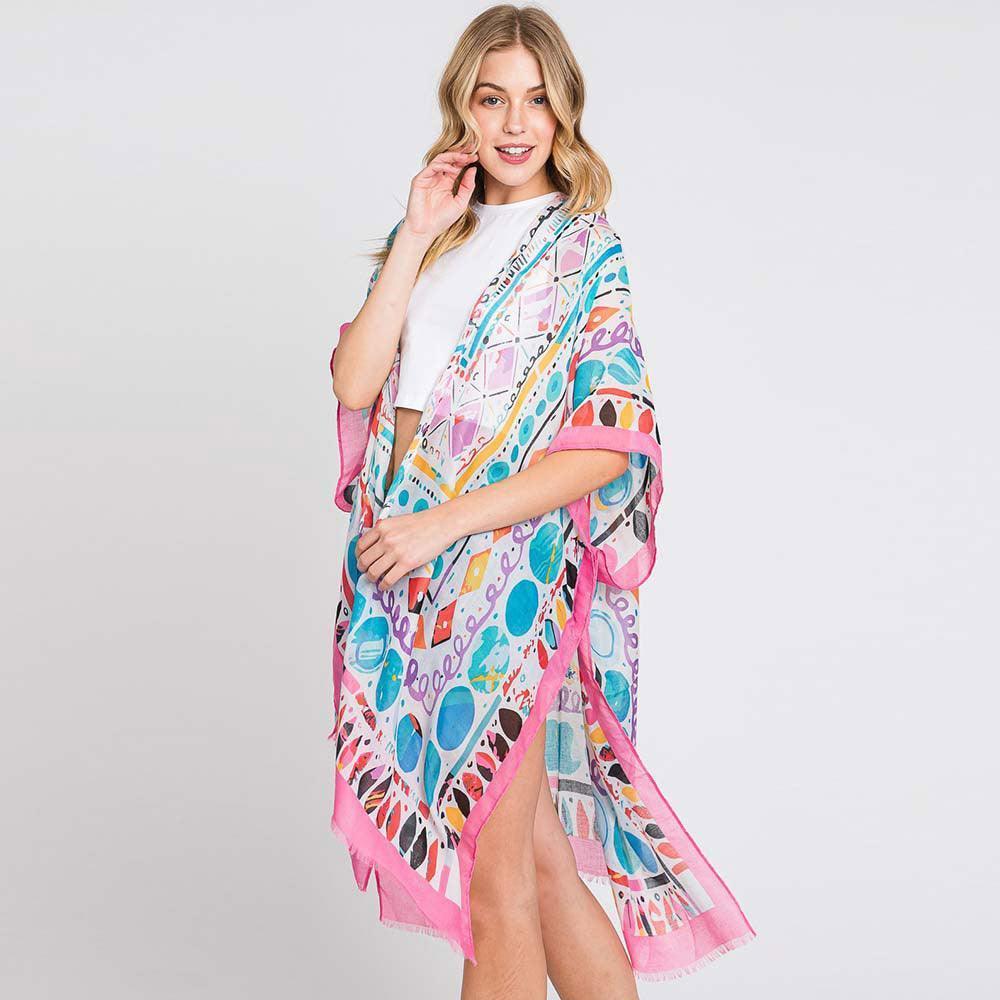 Pink Watercolor Boho Geometric Print Kimono Poncho - Jewelry Store by Erik Rayo
