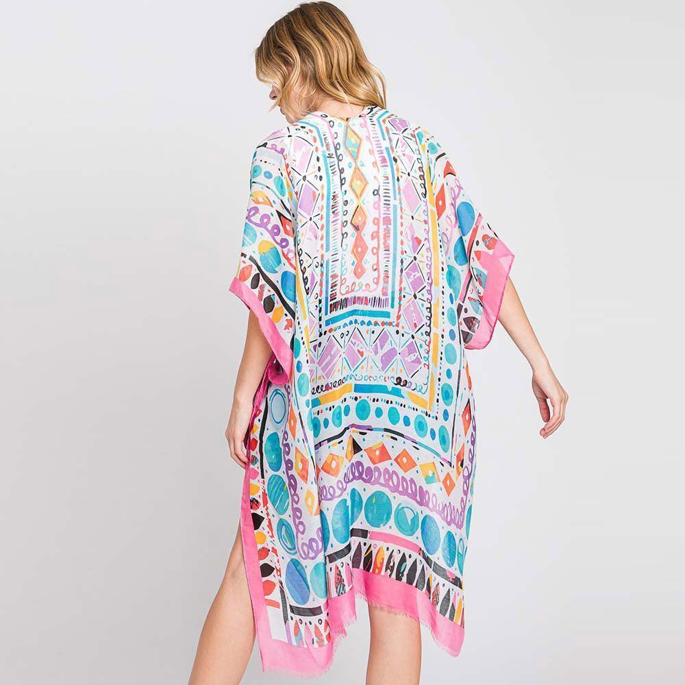 Pink Watercolor Boho Geometric Print Kimono Poncho - Jewelry Store by Erik Rayo