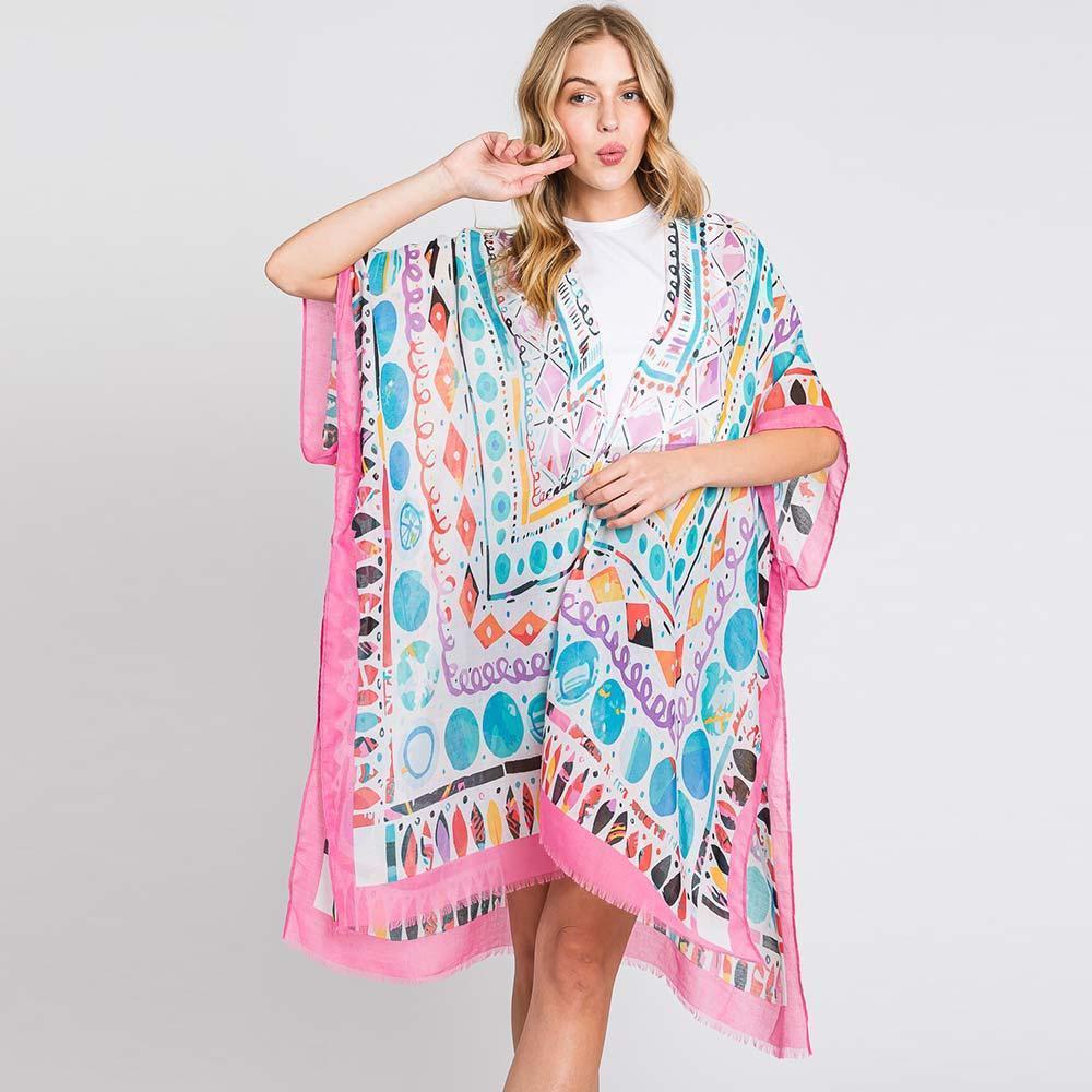 Pink Watercolor Boho Geometric Print Kimono Poncho - Jewelry Store by Erik Rayo