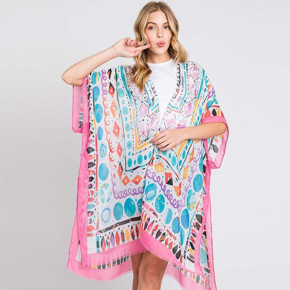 Pink Watercolor Boho Geometric Print Kimono Poncho - Jewelry Store by Erik Rayo